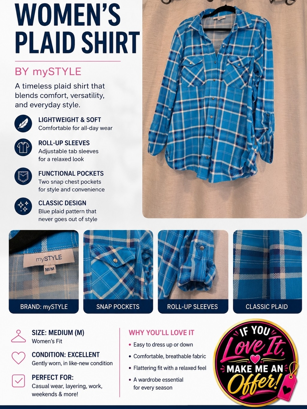 Girls' Blue Plaid Roll-Up Sleeve Shirt